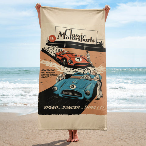 "Speed... Danger... Thrills!" Vintage Racing Design Beach Towel